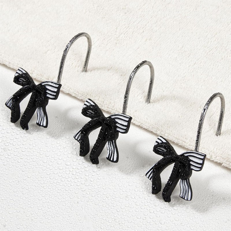 Aldopein 12PCS Cute Bow Decorative Shower Curtain Hooks for Elegant Gothic Chic Fun Shower Curtains Hooks Metal Rustproof Moody Black Trendy Shower Curtain Rings Bathroom Decoration - Image 3